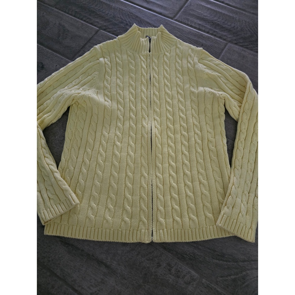 LL Bean Womens Pale Butter‎ Yellow Cable Knit Full Zip Cotton Sweater Medium